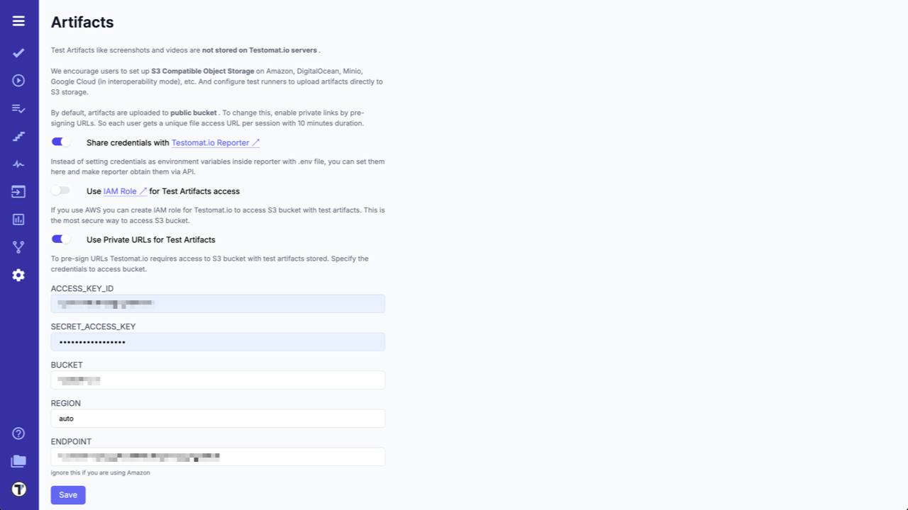 Testomatio - Set bucket credentials